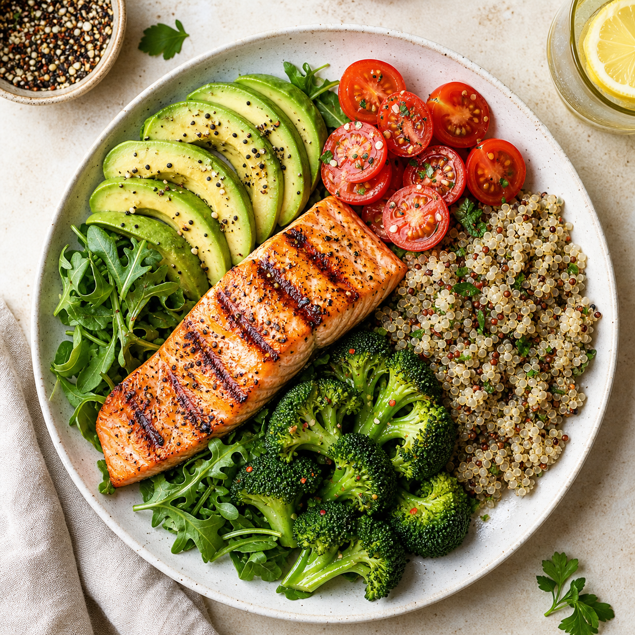 A healthy salmon and quinoa bowl